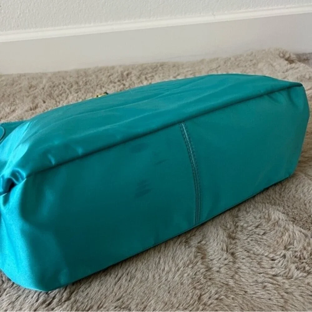 Vintage Bebe Y2K Turquoise Satin Logo Hobo Bag Teal Gold Chain